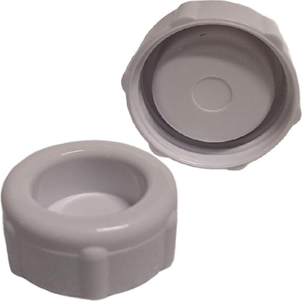 Two white plastic caps are shown against a white background. One cap is in the foreground, and the other is in the background.