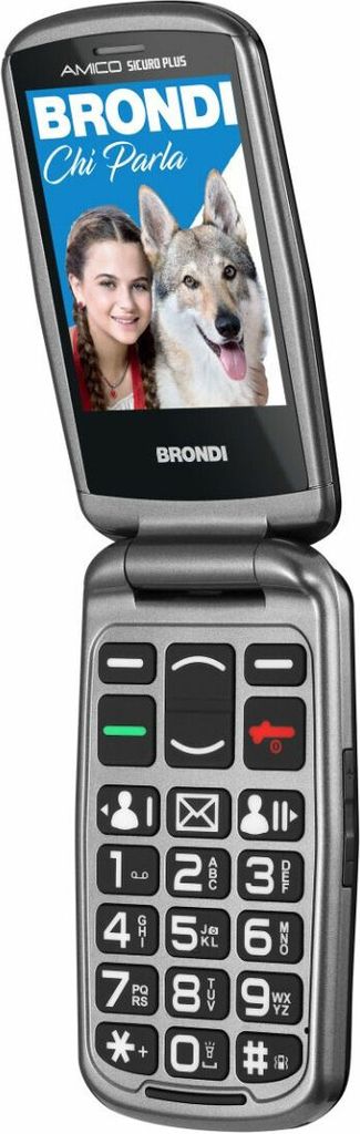 A flip phone with a screen displaying a young girl and a dog.