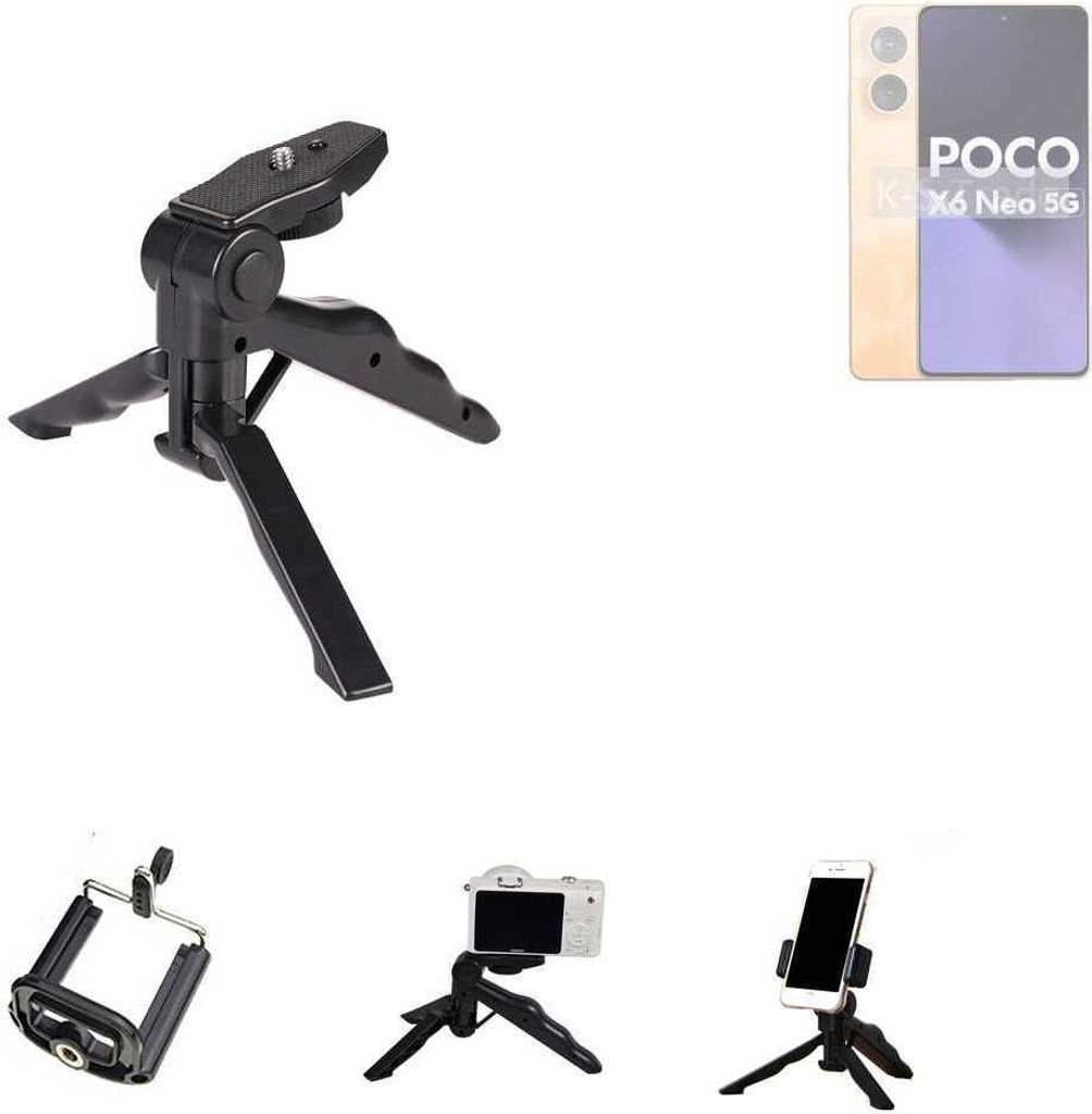 K-S-Trade Stativ Tisch-Ständer Dreibein Handy-Stativ Ständer kompatibel mit POCO X6 Neo Mini-Stativ Smartphone Tripod Handy-Stativ aus Plastik