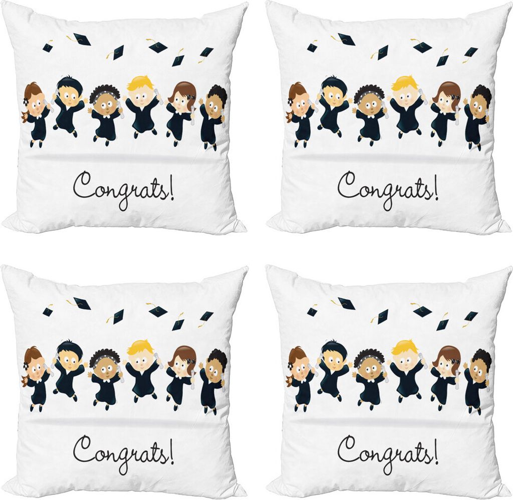 ABAKUHAUS Abschluss Kissenbezug Set (4 Stück), Congrats Kinder Schule, Moderner Doppelseitiger Digitaldruck, 60 cm x 60 cm, Koksgraue Multicolor