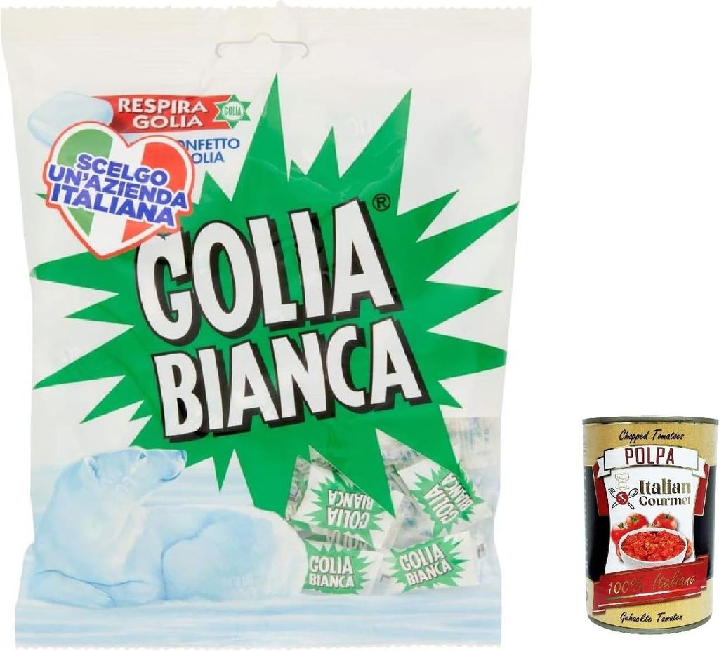 6x Golia Bianca Caramelle Dure Algusto Menta e Liquirizia, Harte Süßigkeiten für Minzgeschmack und Süßholz 180g + Italian Gourmet polpa 400g