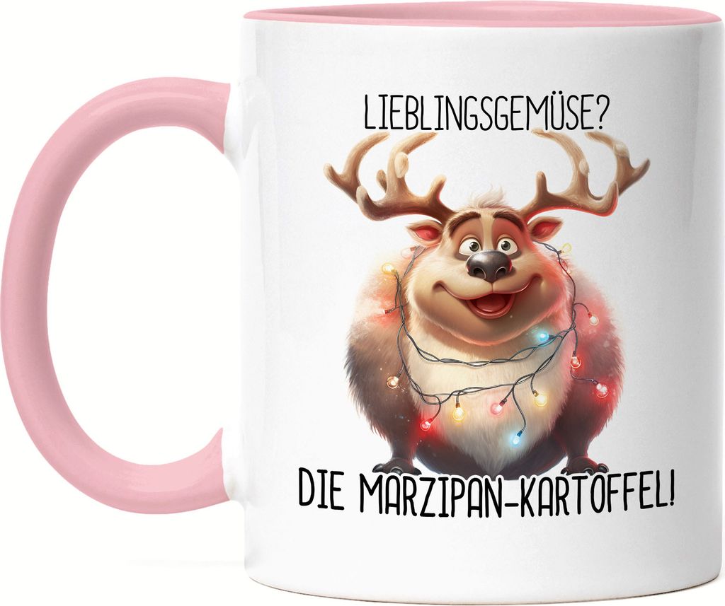 Lieblingsgemüse Marzipankartoffel Lustiges Rentier Tasse Rosa Lichterkette Adventsgeschenk