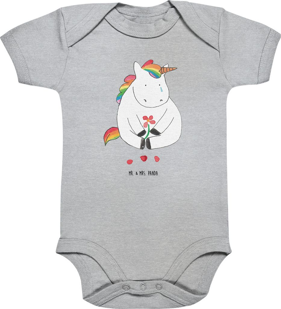 Mr. & Mrs. Panda Babybody Einhorn Traurig 12. - 18. Monat - Heather Grey - Geschenk, Babystrampler, babykleidung body, Einhörner, Liebe, overall b...