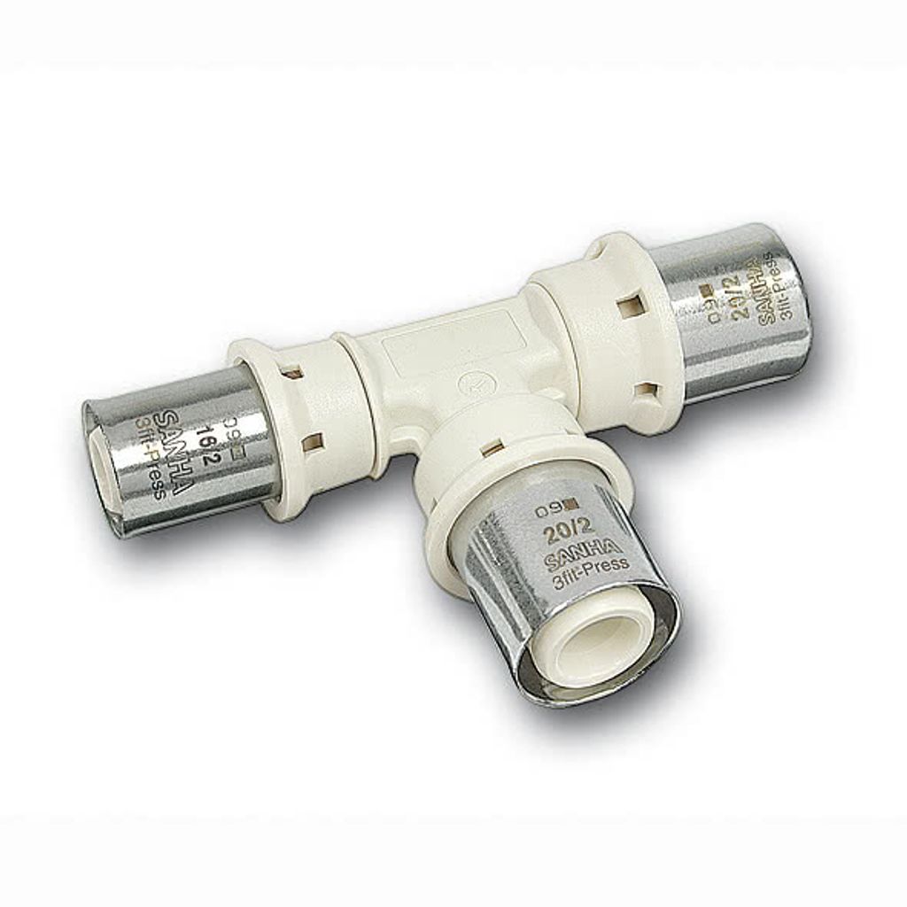 Aluverbund Pressfitting SANHA PPSU T-Stück Mittelabgang reduziert 26 x 3 - 16 x 2 - 26 x 3 Multikontur DVGW