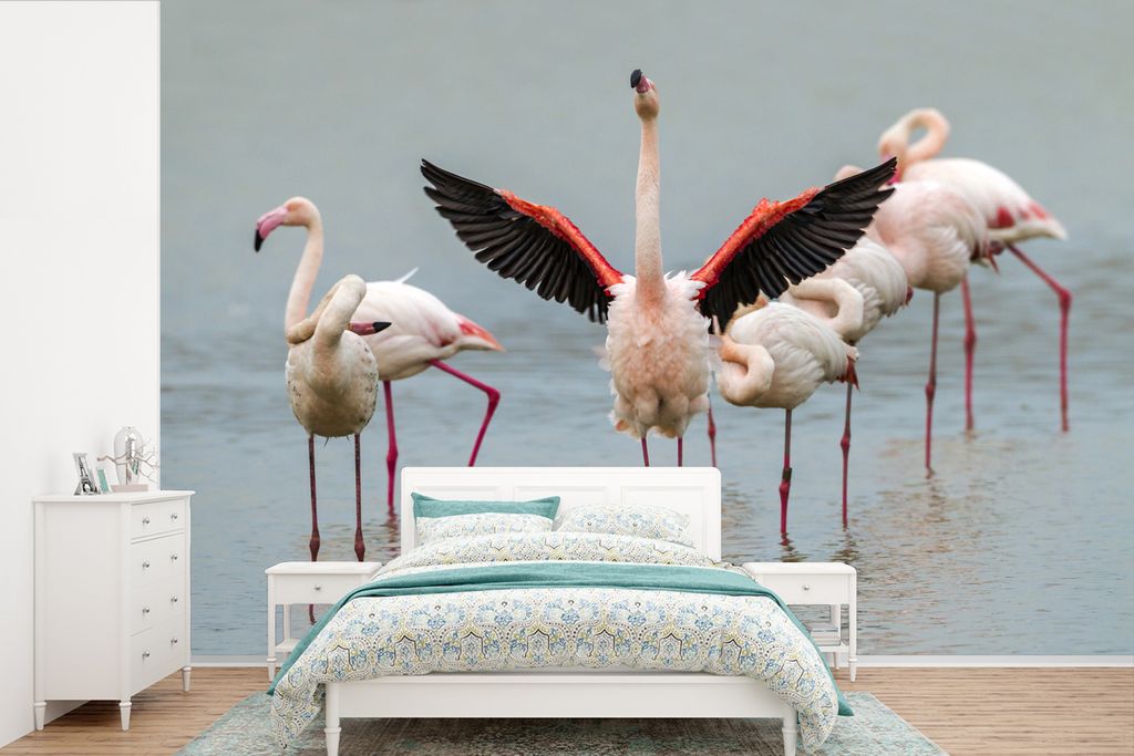 MuchoWow Fototapete für Wohnzimmer oder Schlafzimmer Wandtapete Vinyl Motivtapete Ein Flamingo, der sich ausstreckt - 600x400 cm - Vinyltapeten