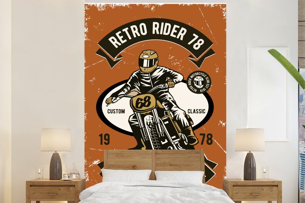 MuchoWow Fototapete für Wohnzimmer oder Schlafzimmer Wandtapete Vinyl Motivtapete Motorrad - Helm - Retro - Zitat - 160x240 cm - Vinyltapete