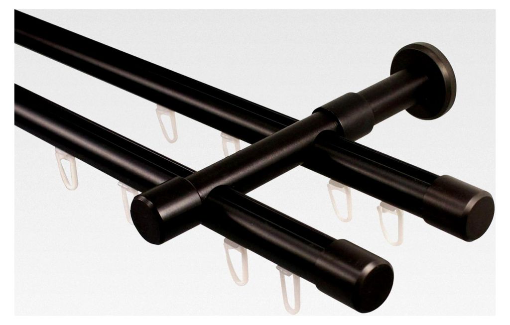 Gardinenstange Innenlauf 2-läufig schwarz 20 mm Durchmesser, Wandmontage, komplettes Gardinenstangen-Set aus Metall mit Wandhaltern und Endstücke...