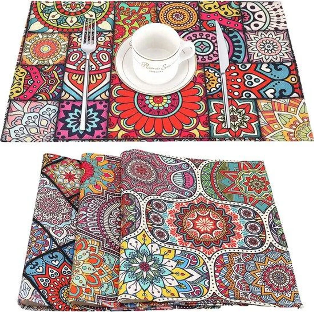 Set de 4 Sets de Table Mandala Boho en Coton et Lin - 45 x 32 cm