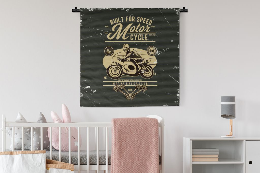 MuchoWow Wandteppich Wandbehang Motorrad - Mann - Zeichnung - Retro 90x90 cm Tapisserie Dekoration Wandtuch - Wandaufhänger