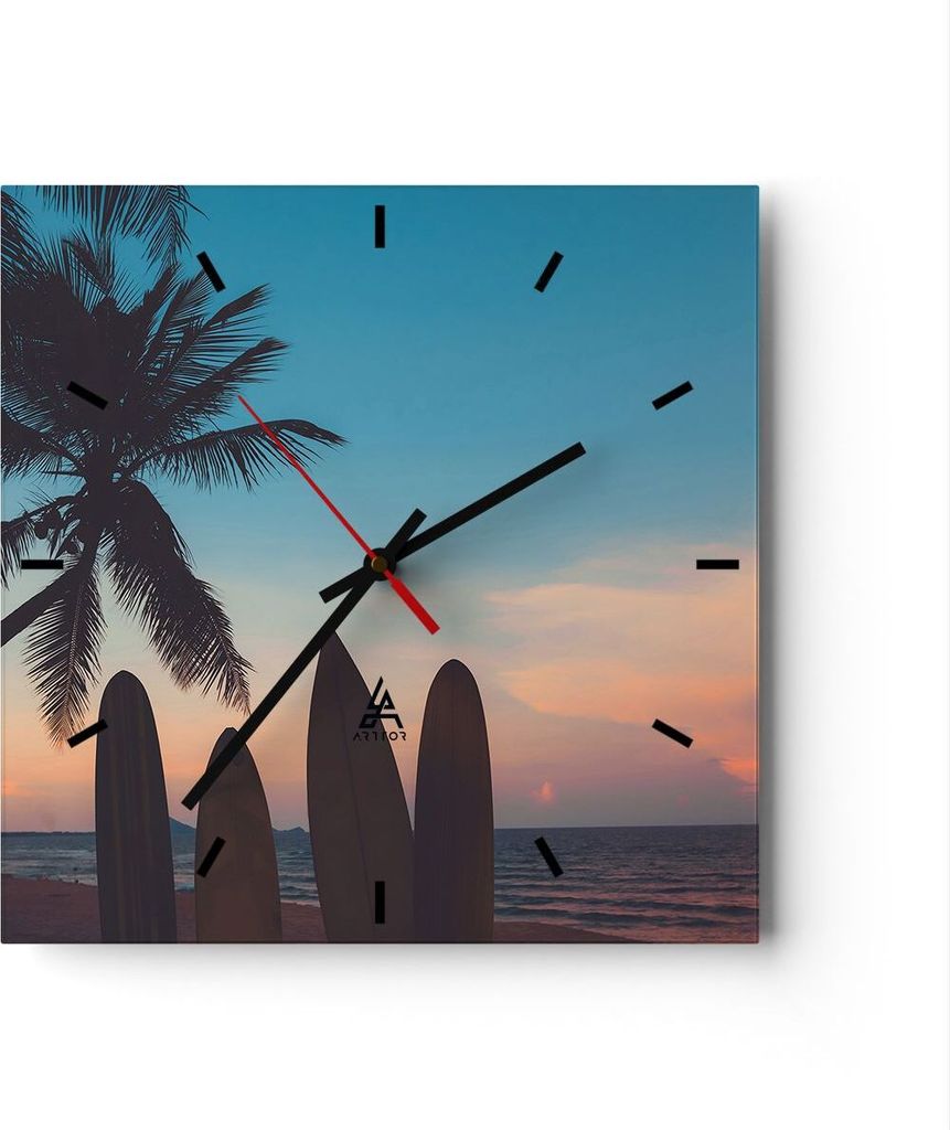 Wanduhr - Quadrat - Glasuhr - Strand Meer Palme - 30x30cm - Schleichendes Uhrwerk - Lautlos - zum Aufhängen bereit - Dekoration Modern - Wanddekor...