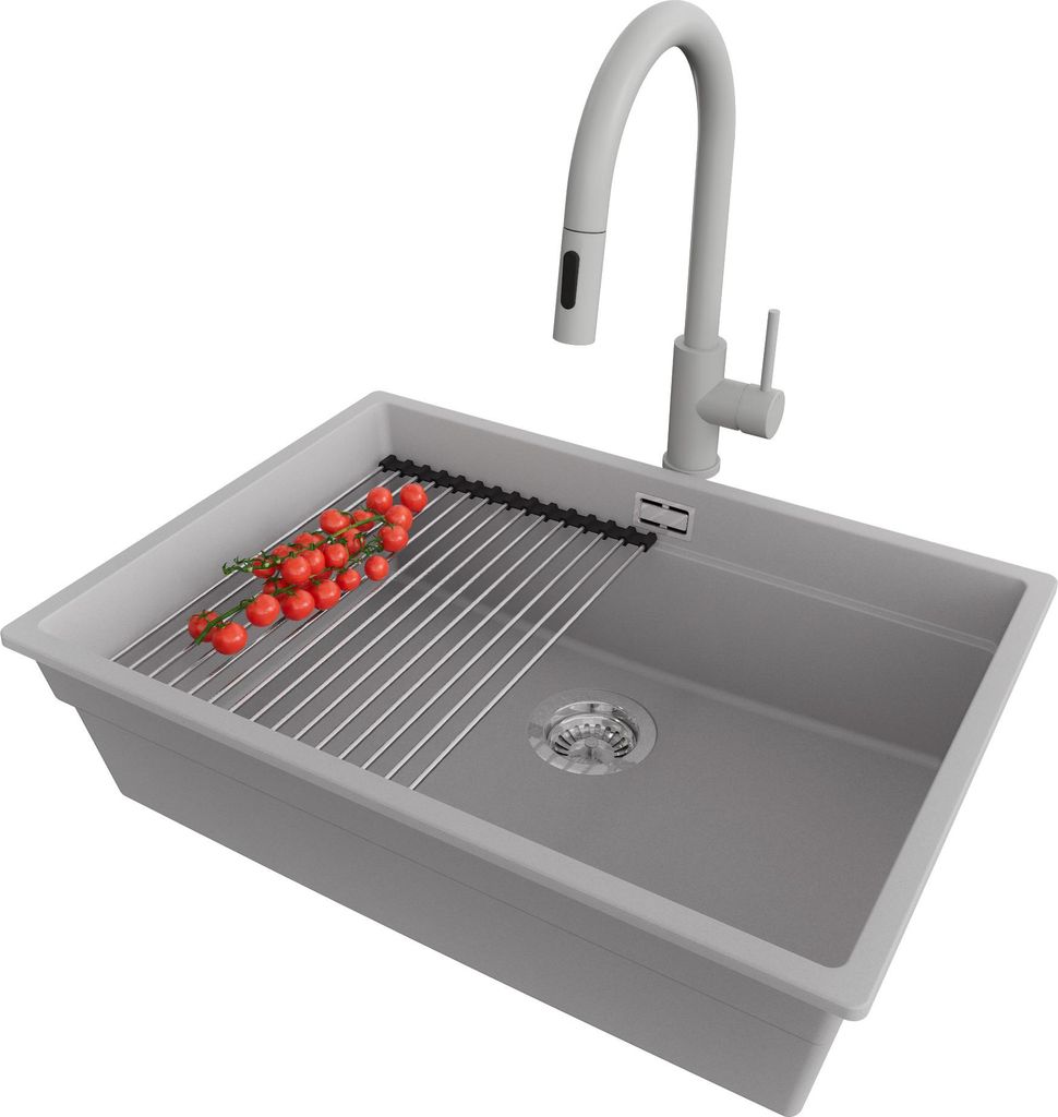 PRIMAGRAN Granitspüle Grau 66x47cm, Spülbecken 1 Becken + Küchenarmatur 40x20cm + Ablauf-Set + Küchenzubehörset, Küchenspüle ab 70er Untersc...
