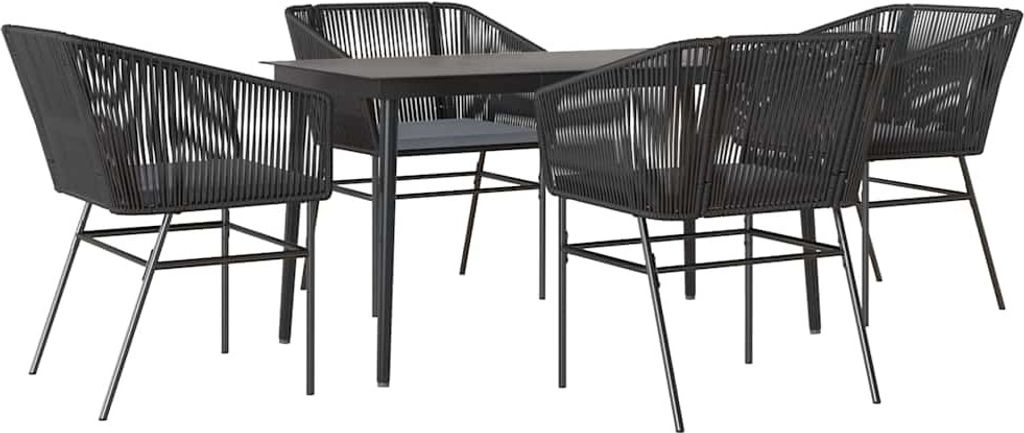 SYFAX 5-tlg. Garten-Essgruppe mit Kissen Schwarz Poly Rattan Glas