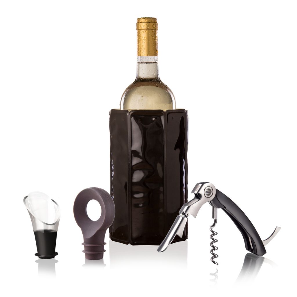 Vacu Vin Geschenkset Wein Klassik 4-tlg., Weinkühler, Kellnermesser, Ausgießer, Flaschenverschluss, Kunststoff, Edelstahl, Schwarz, Braun, 3890160