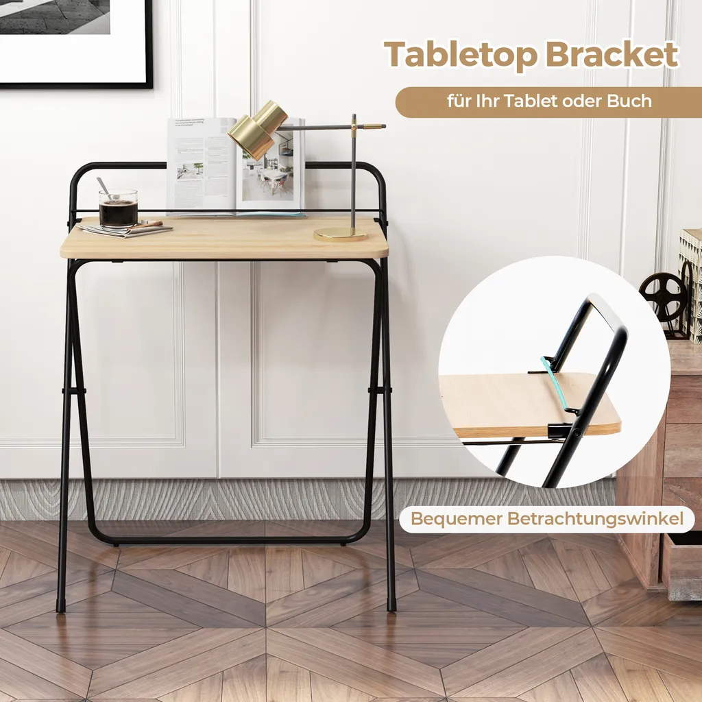 COSTWAY Table d'ordinateur pliante nature, Bureau compact avec support - 6