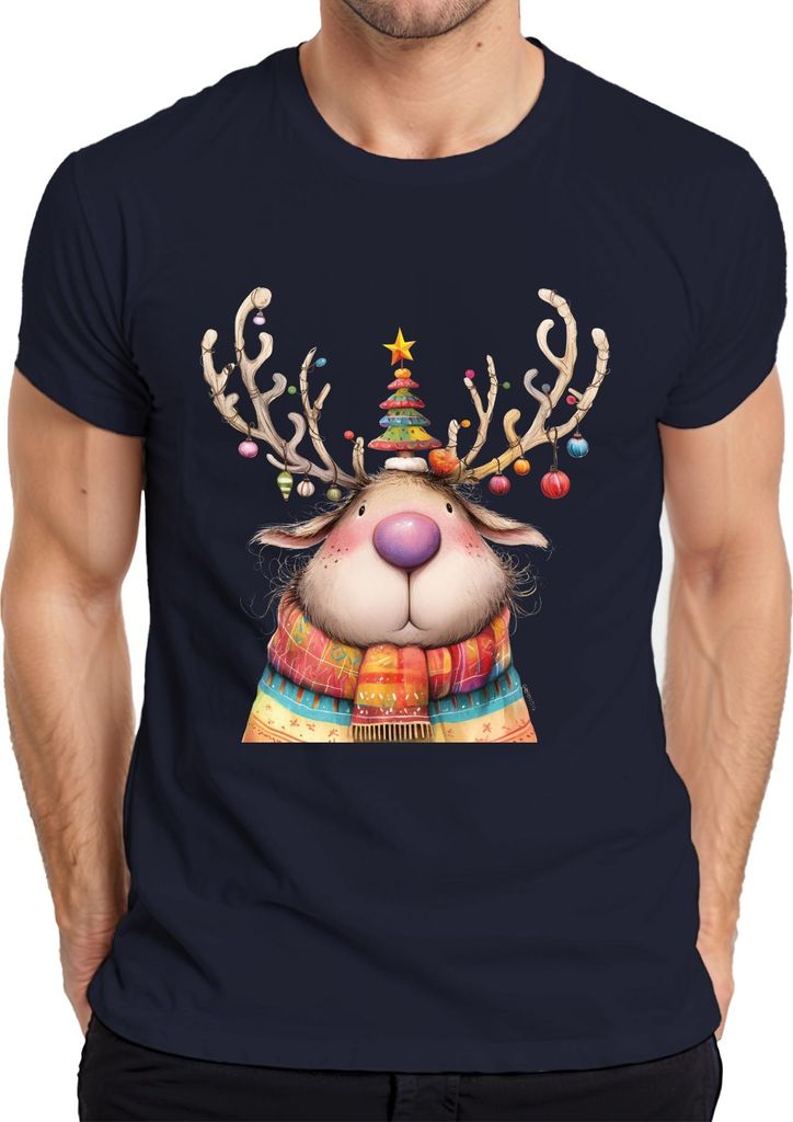 Niedliches Weihnachtsrentier rosa Nase bunter Schal Geschenk Herren T-Shirt, Navy, XL