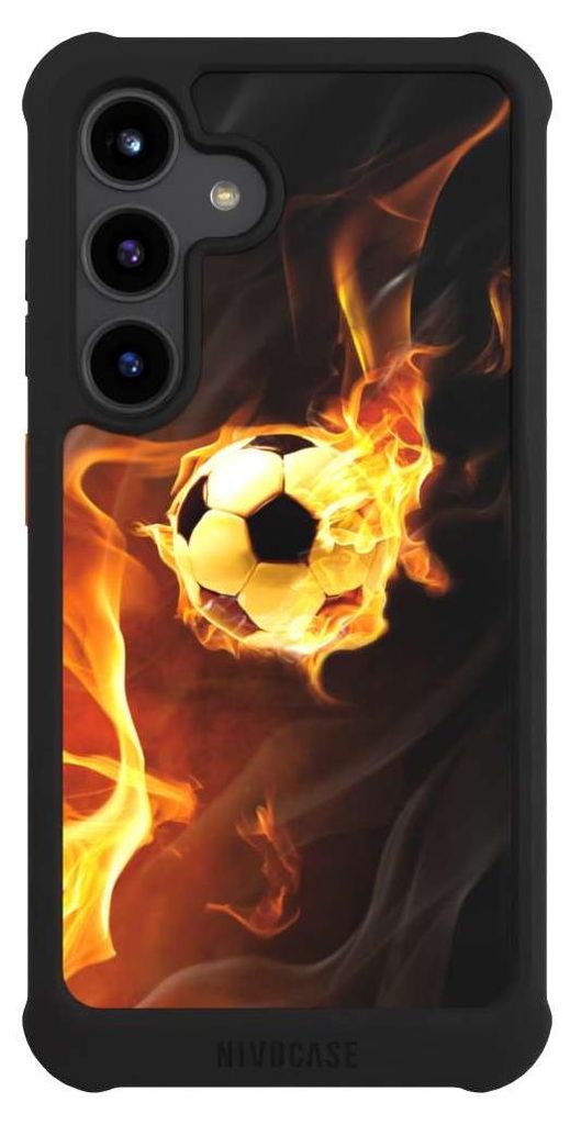 NIVOCASE Hülle für Samsung Galaxy S24 Stoßfeste Handyhülle NIVOmax Case Schwarz Ball Feuer Fußball