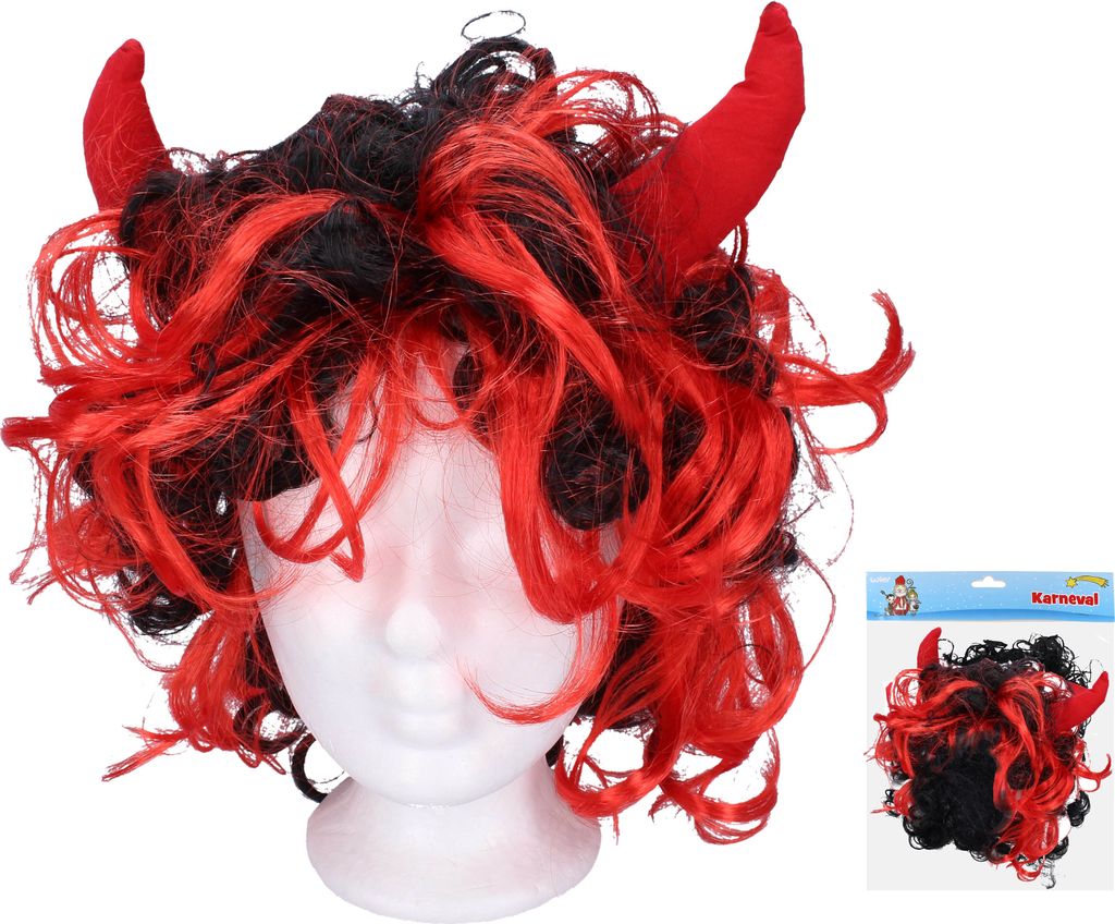 Perücke mit auffälligen Hörnern für Karneval, Halloween und Themenpartys