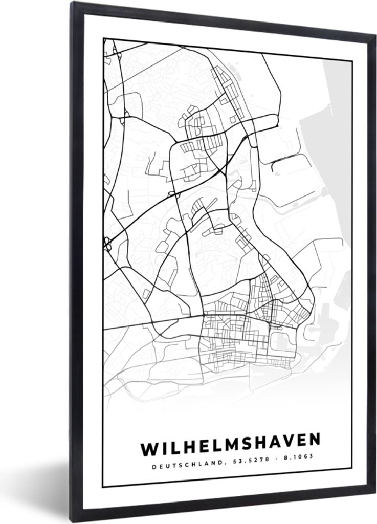MuchoWow Gerahmtes Poster Wilhemshaven - Karte - Stadtplan 60x90 cm - Poster mit Schwarzem Bilderrahmen Wandposter Rahmen Foto Bilder - Kunst