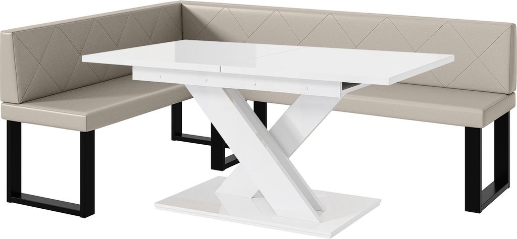 MEBLINI Eckbank für Esszimmer mit ausziehbarem Tisch - Küchenbank - Essecke - Sitzecke Küche - ERIC - U-Beine 142x196x87cm Links - Beige Kunstle...