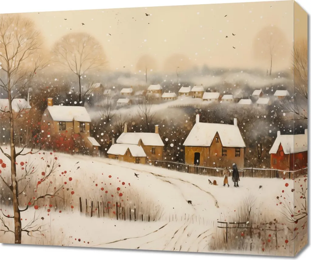 Quadro Villaggio Innevato 60x50 cm - Pittura su Tela per Arredo Casa