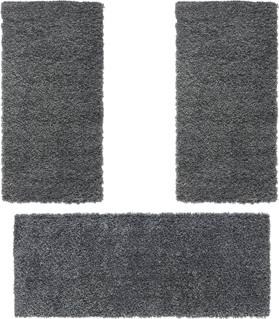 MY-RUG Shaggy Star Bettumrandung Hochflor 3 teilig, Läufer, Schlafzimmer, dunkelgrau, 200x80