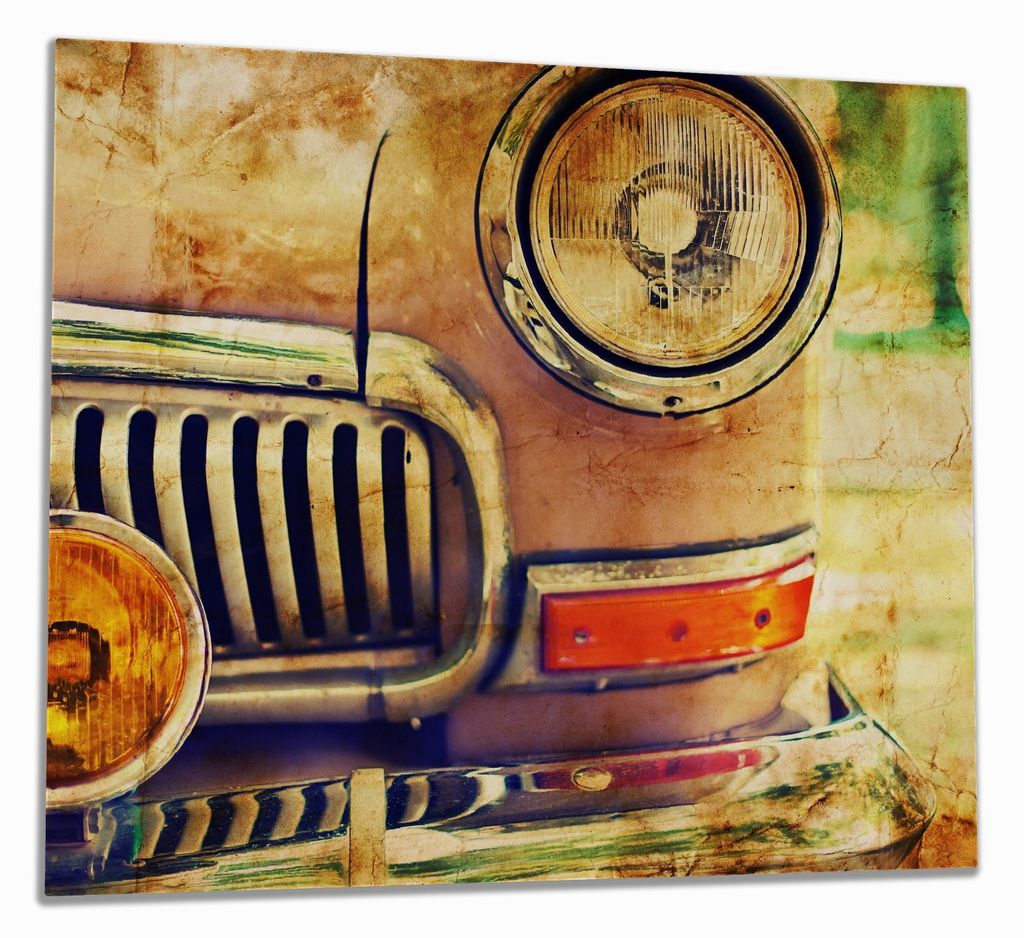 Wallario Herdabdeckplatte aus Glas, Größe 60 x 52 cm 1-teilig, Motiv Antiker Oldtimer in Sepiafarben - Frontansicht