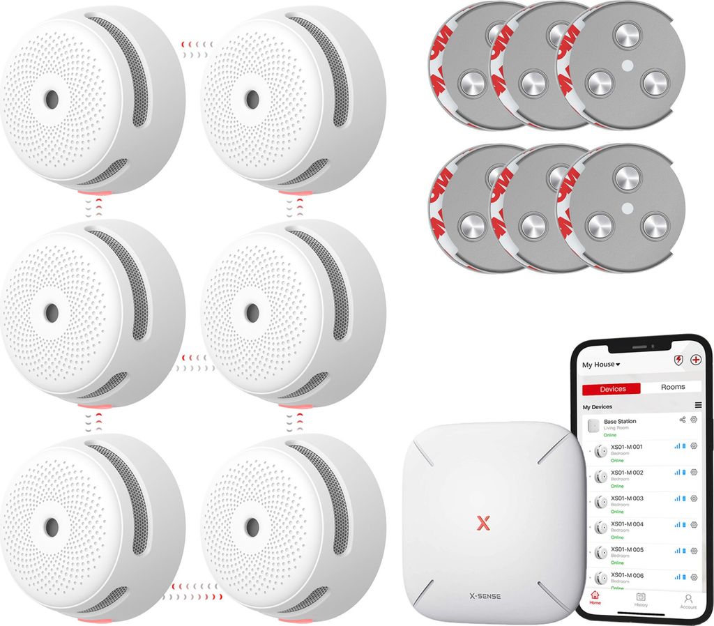 X-Sense Link+ Pro Intelligentes Rauchmelder-Bündel mit Magnetbefestigung - 6 XS01-M Rauchmelders und SBS50 Basisstation - Funktioniert über App