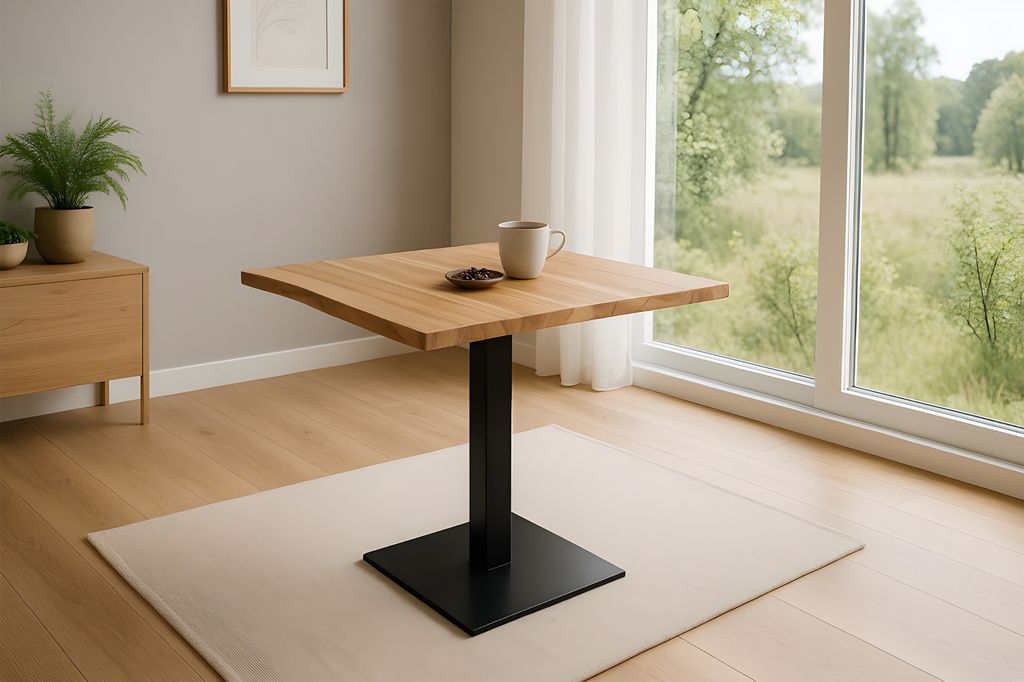Bistrotisch Baumkante massiv Akazie natur lackiert 75 x 75 cm Stempelfuß schwarz IRIS