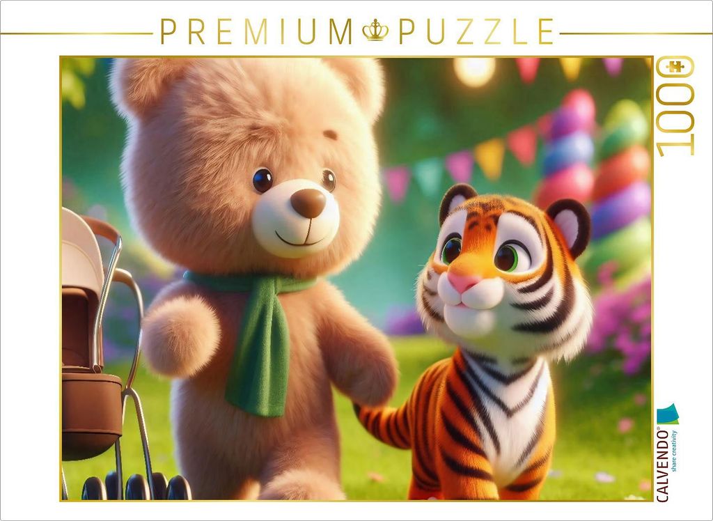 CALVENDO Puzzle Ein kuscheliger Bär und ein gestreifter Tiger schlendern Seite an Seite durch den sonnigen Park | 1000 Teile Lege-Größe 64x48cm ...