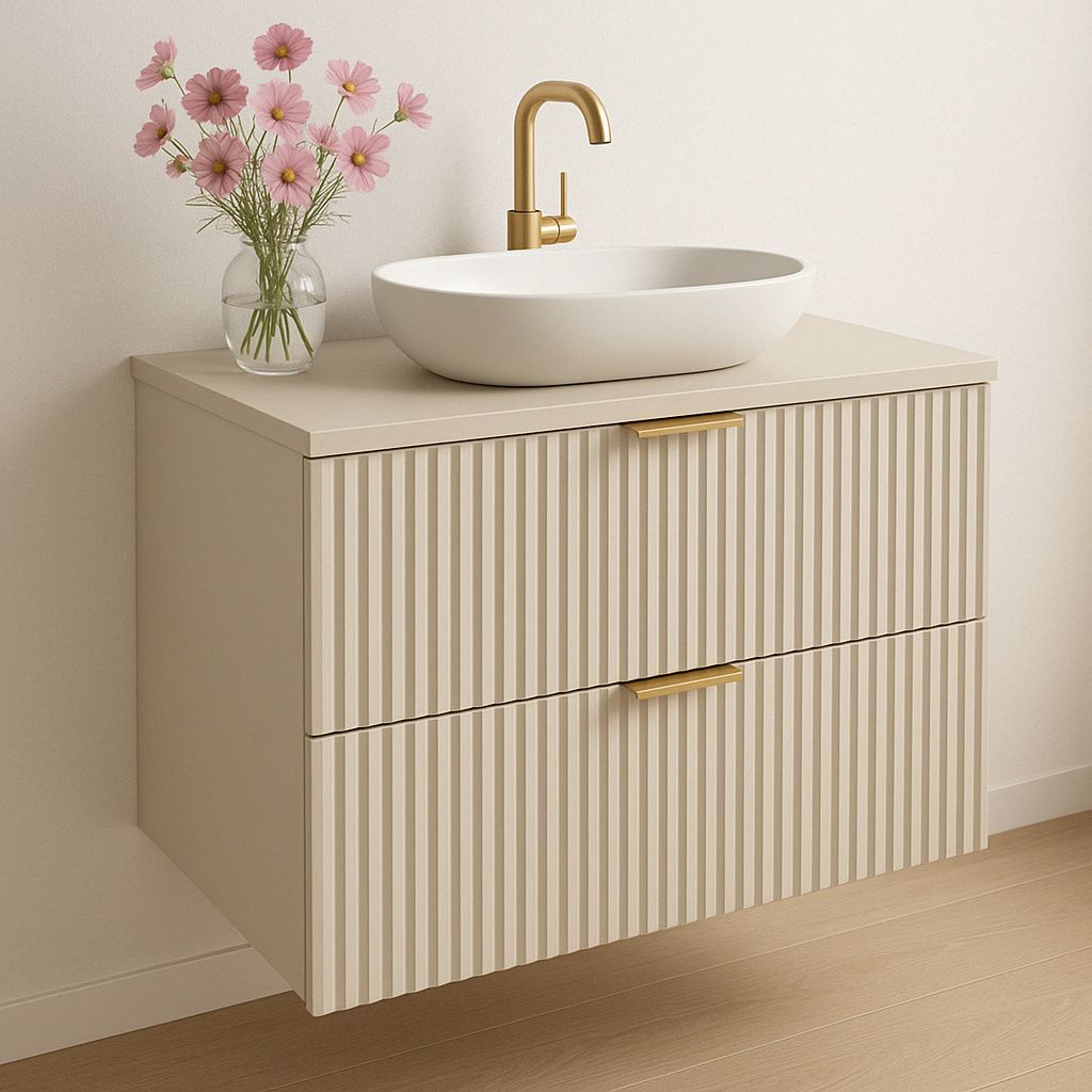 WENA Waschtischunterschrank 80 cm, geriffelte Fronten, Griffe aus Metall in der Farbe Gold (Farbe: Kaschmir)