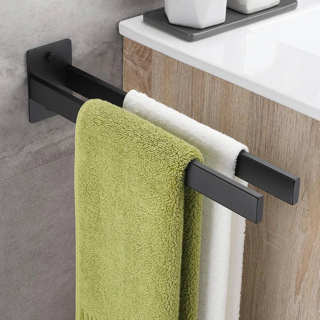 Porte-serviettes Double Anti-Rouille Noir Mat Inox 38cm Mural Carré