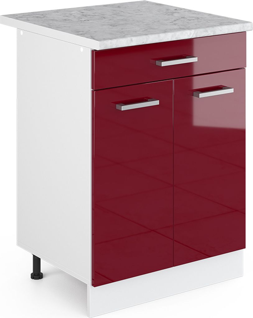 Küchenunterschrank Vicco R-Line Rot Hochglanz 60 cm mit Schublade, AP Marmor, Model 30476