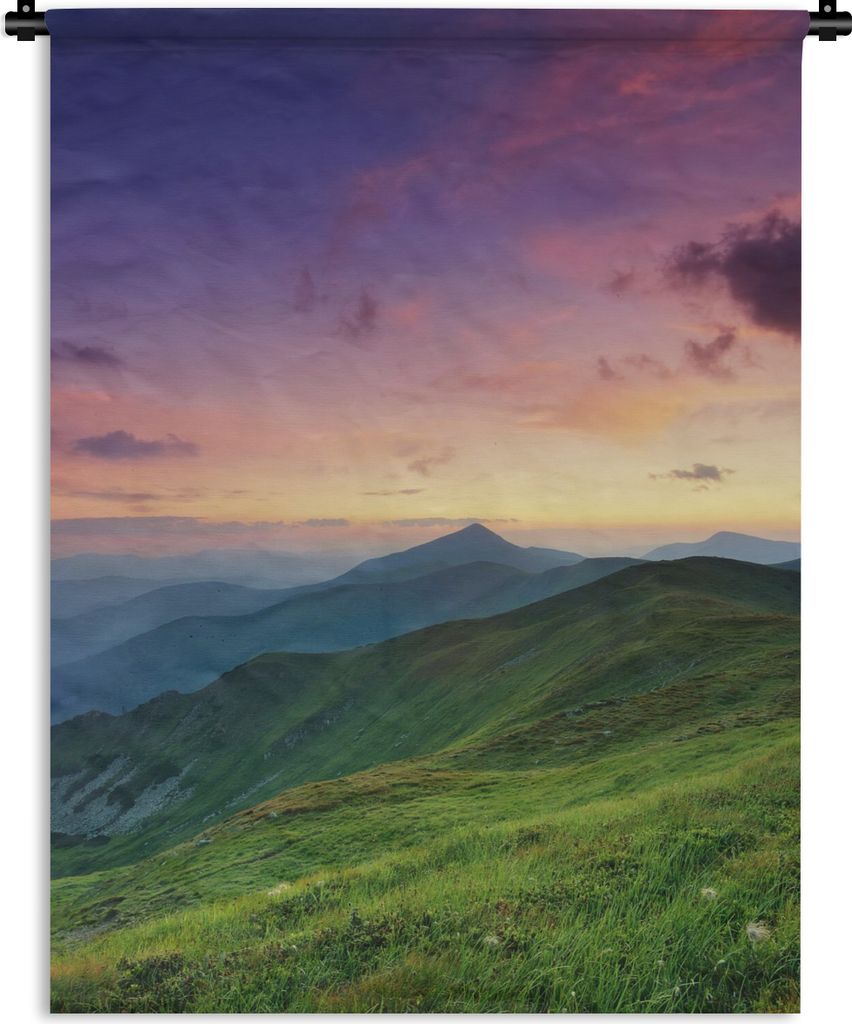 MuchoWow Wandteppich Wandbehang Berg - Gras - Landschaft - Abend 60x80 cm Tapisserie Dekoration Wandtuch - Decke - Wandtücher - Wohne