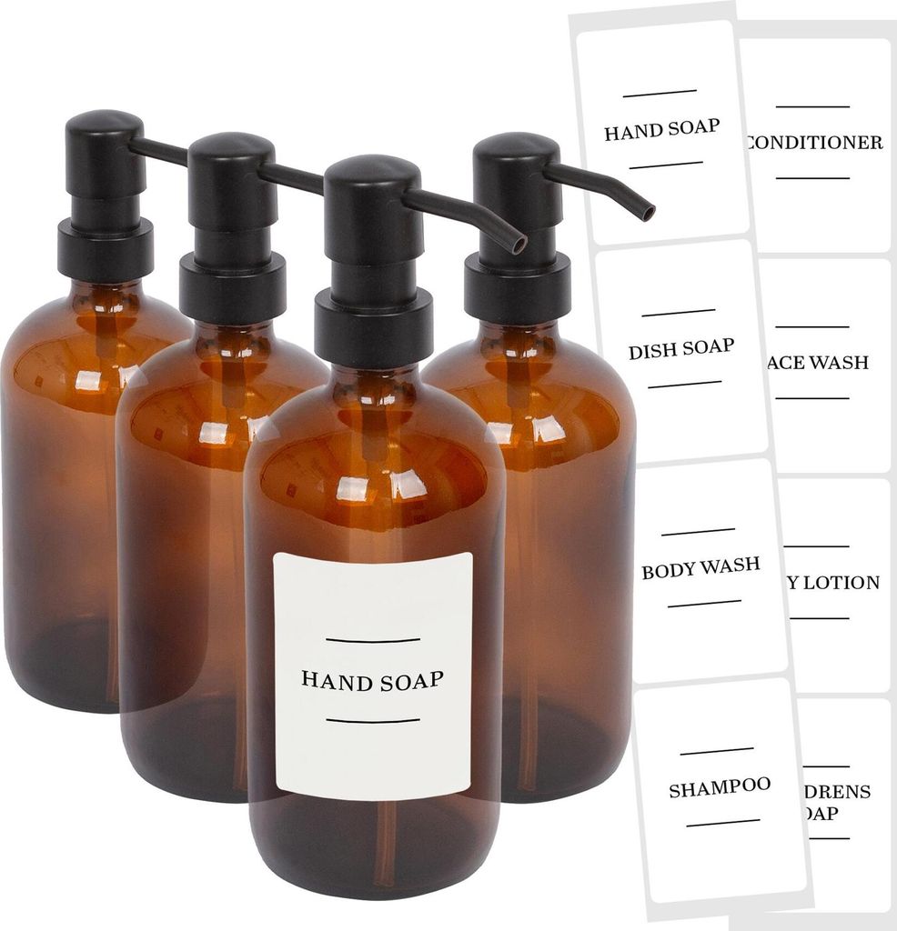 Harbor Housewares Seifenspender aus Glas mit Etiketten – 500 ml – Bernstein/Weiß – 4er-Pack