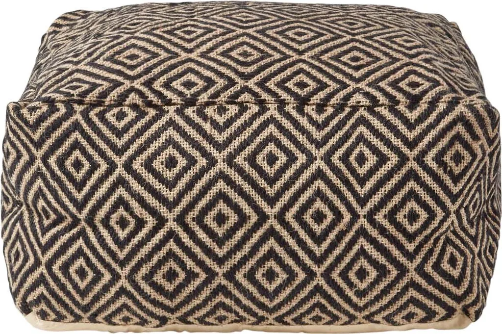 Pouf Carré Homescapes Aztec en Jute Naturel et Noir de 60x30 cm