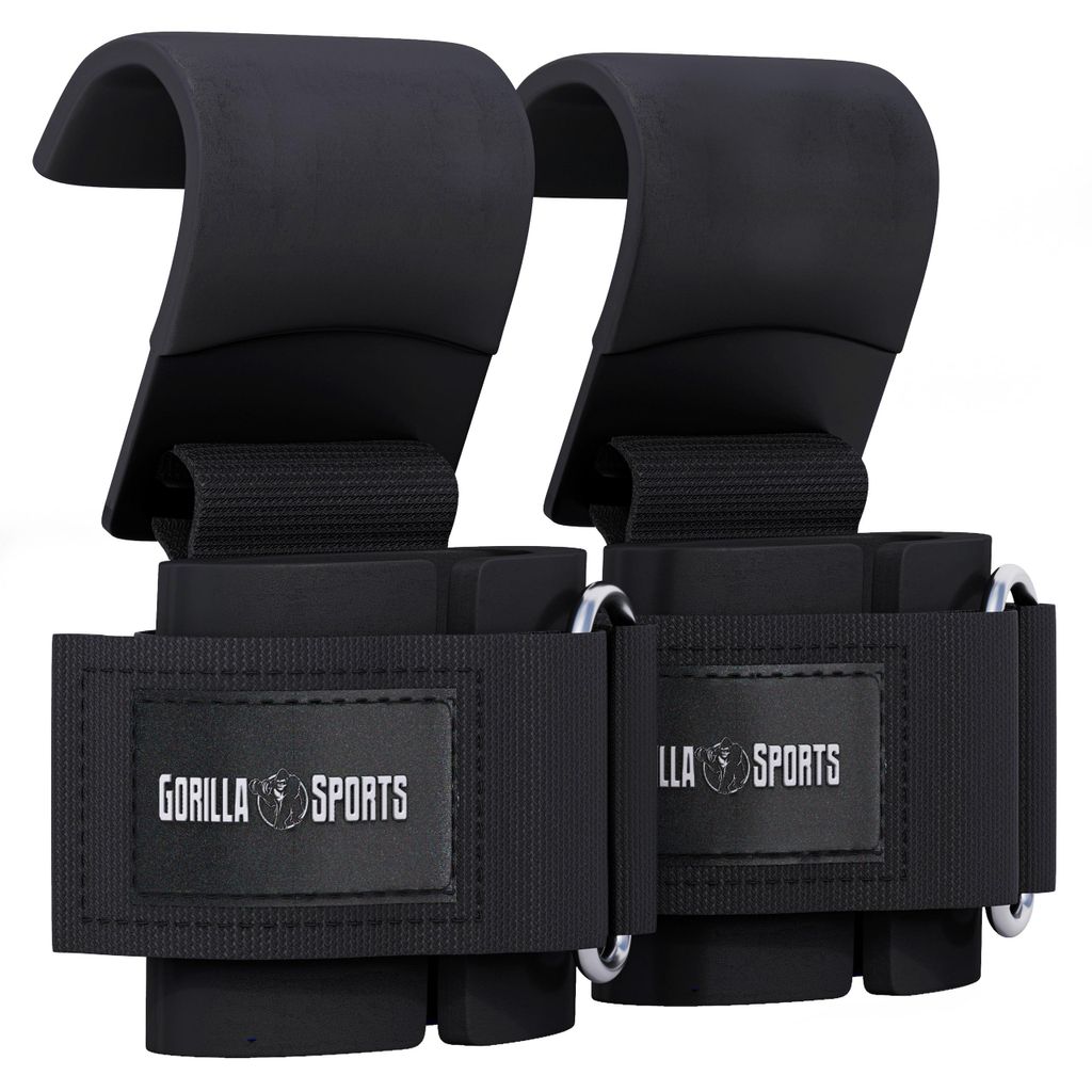 GORILLA SPORTS Zughilfen - mit Haken aus Stahl, 7mm mit Neopren und Schaumstoff Gepolstert - Lifting Straps, Handgelenkbandage, Power Grips, Body...