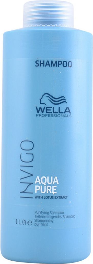 A bottle of Wella Professionals Invigo Balance Aqua Pure Purifying Shampoo.