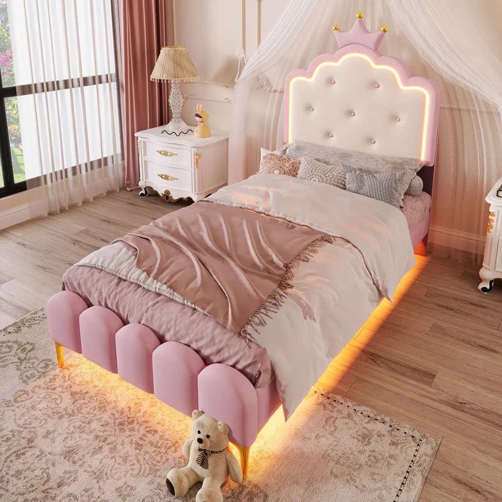 Lit Enfant 90x200 cm Rose avec Lumières LED et Design Couronne Chic