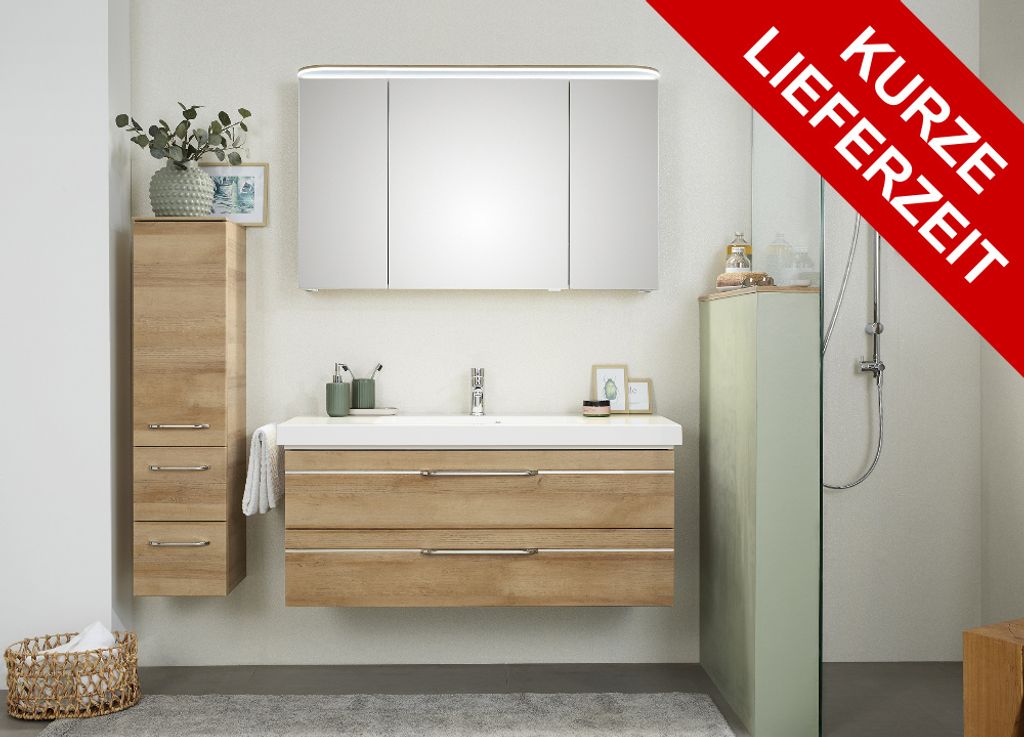 PELIPAL Balto Sprint Bad Möbel / Riviera Eiche quer NB, Spiegelschrank + Waschtisch + Unterschrank + Midischrank