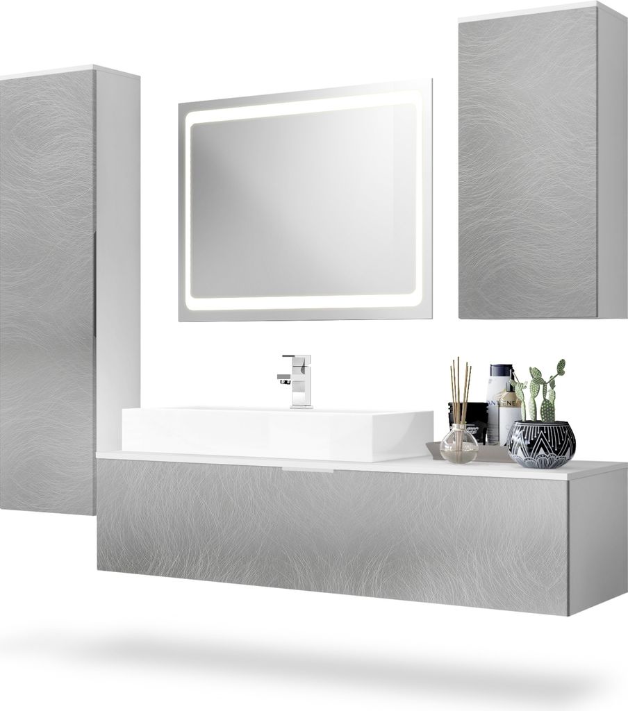 Vladon Badmöbel Komplettset Beach, Germany, Korpus in Weiß matt / Fronten in Scratchy metal, mit LED Spiegel, Aufsatzwaschbecken und Armatur