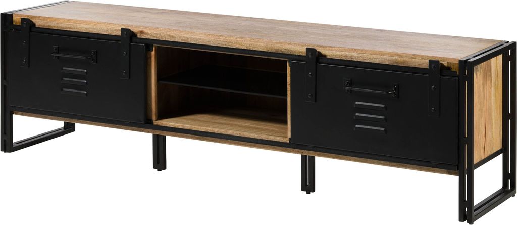 MASSIVMOEBEL24 TV-Board Mango 200x45x55 natur klar lackiert / Metall schwarz BLACKBURN #101