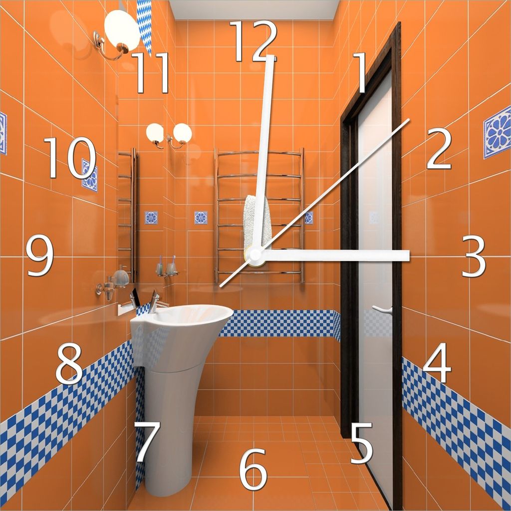 Wallario Design Wanduhr Modernes Badezimmer in orange mit blauen Fliesen aus Echtglas, Größe 30 x 30 cm