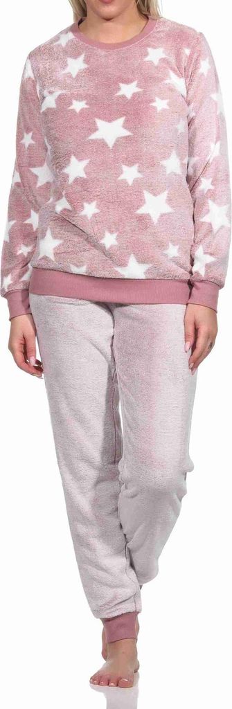 Damen langarm Schlafanzug mit Bündchen in Sterneoptik aus kuschelig warmen ; rosa , 36