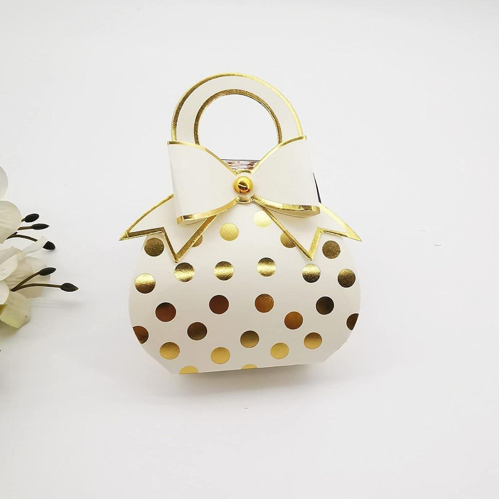 50 Stš¹ck elfenbeinfarbene und goldene Schleifen-Handtaschen mit goldenen Folienpunkten, Bonbonboxen mit Schleife und Henkel fš¹r Hochzeits-, G...