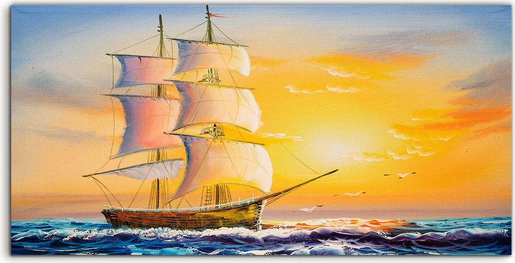 Coloray - Glasbild - 100x50 cm - Wandbild - Glasbilder - Wasser segel Boot Sonne Himmel Meer