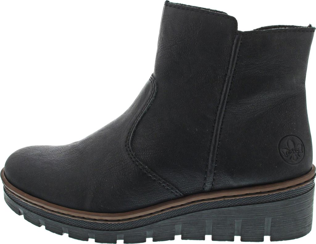 A black Rieker boot shown from the side against a white background.