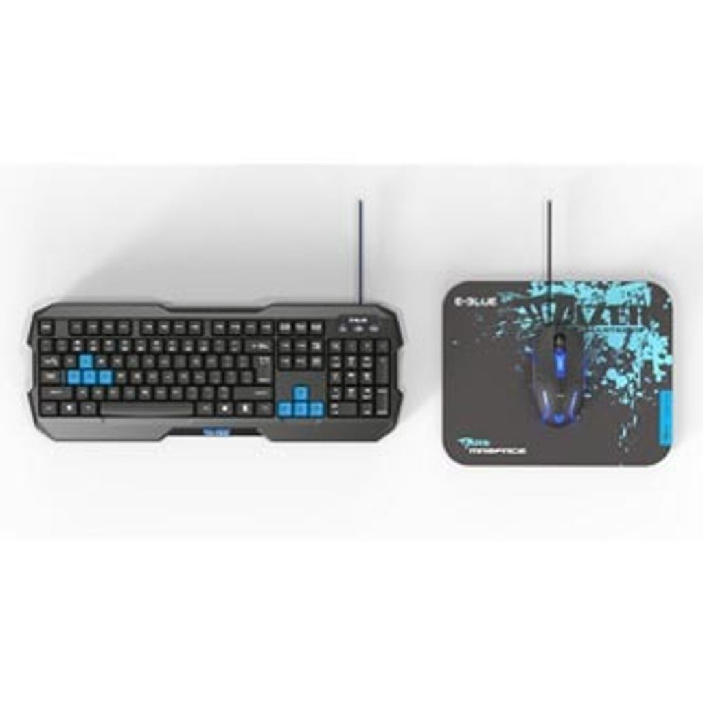 E-blaues Polygon, Cobra II Tastatur-Maus-Set, US, Gaming, mit Mazer Marface S type Mauspad, kabelgebunden (USB), schwarz und blau