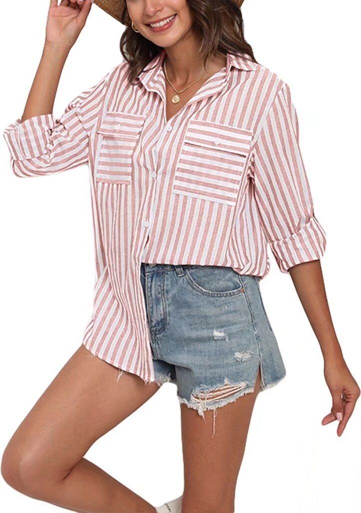 ASKSA Damen Bluse Langarm Streifen Knöpfen Hemd Oberteile Baumwolle Leinen V-Ausschnitt Casual Lose Shirts, Rosa, L