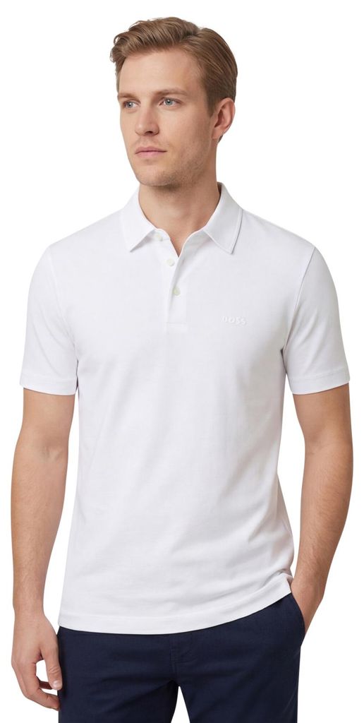 Boss Black Palosh Slim-Fit Polohemd weiß mit kurzen Ärmeln und Drei-Knopf-Verschluss