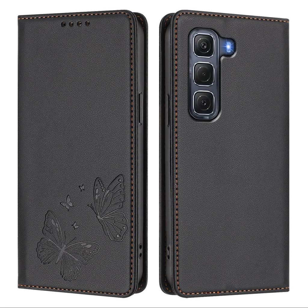 Lederhülle für Infinix Hot 60 Pro 4G, Schmetterling Prägung Leder Brieftasche Schutzhülle mit Ständer Schwarz